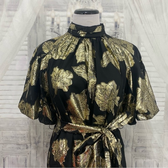 Alex Marie Black Gold Mock Neck Puff Sleeve Midi Dress Belted Pockets Cocktail - Picture 3 of 16